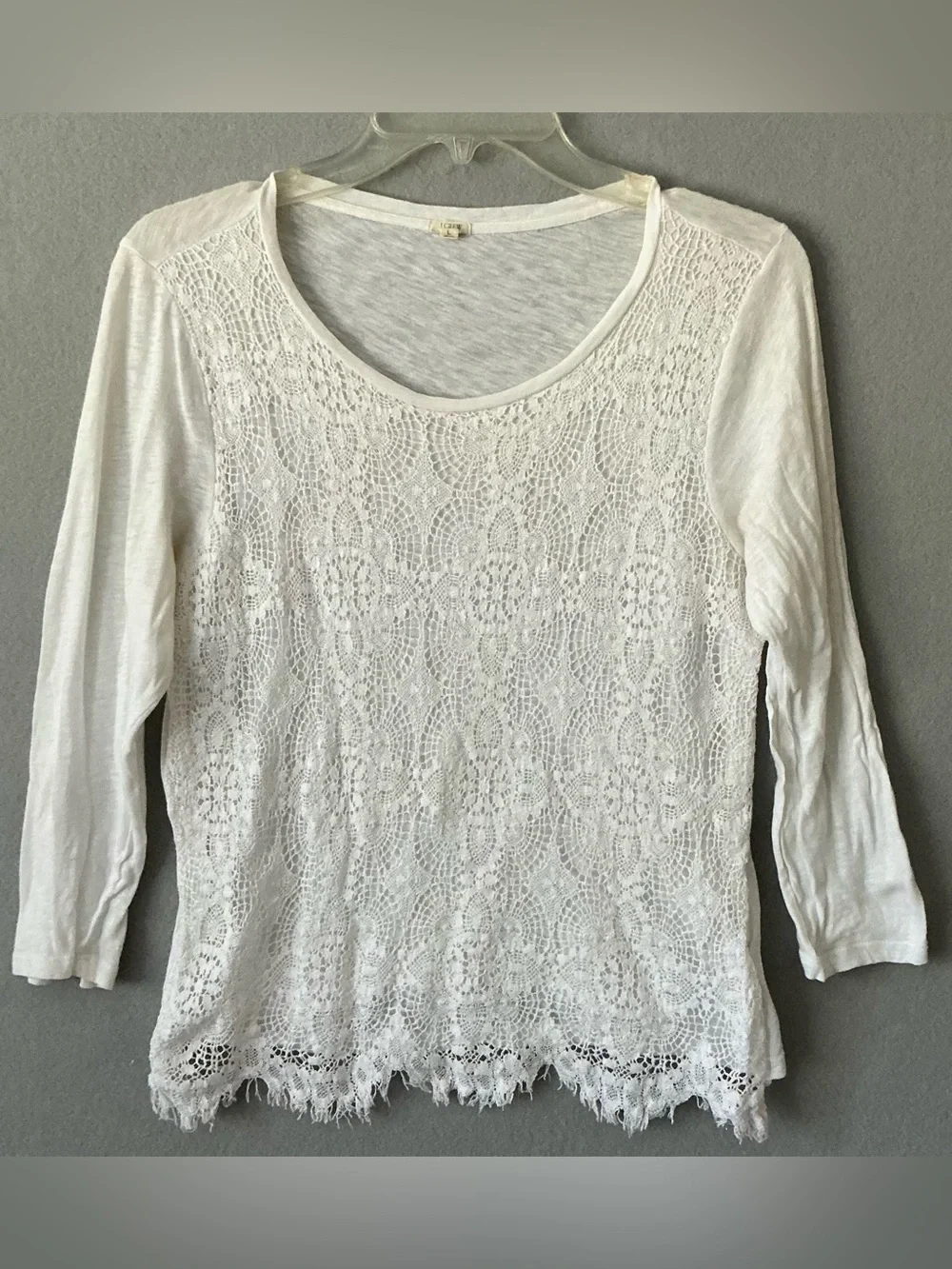 J CREW White Crochet Lace Front Fringe Hem Top Scoop Neck Long Sleeve L Boho